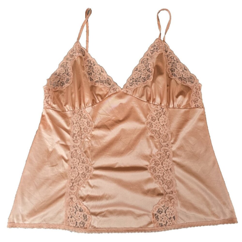 Vintage Blush Satin & Lace Camisole Tank Top - Peachy Pink Babydoll Lingerie